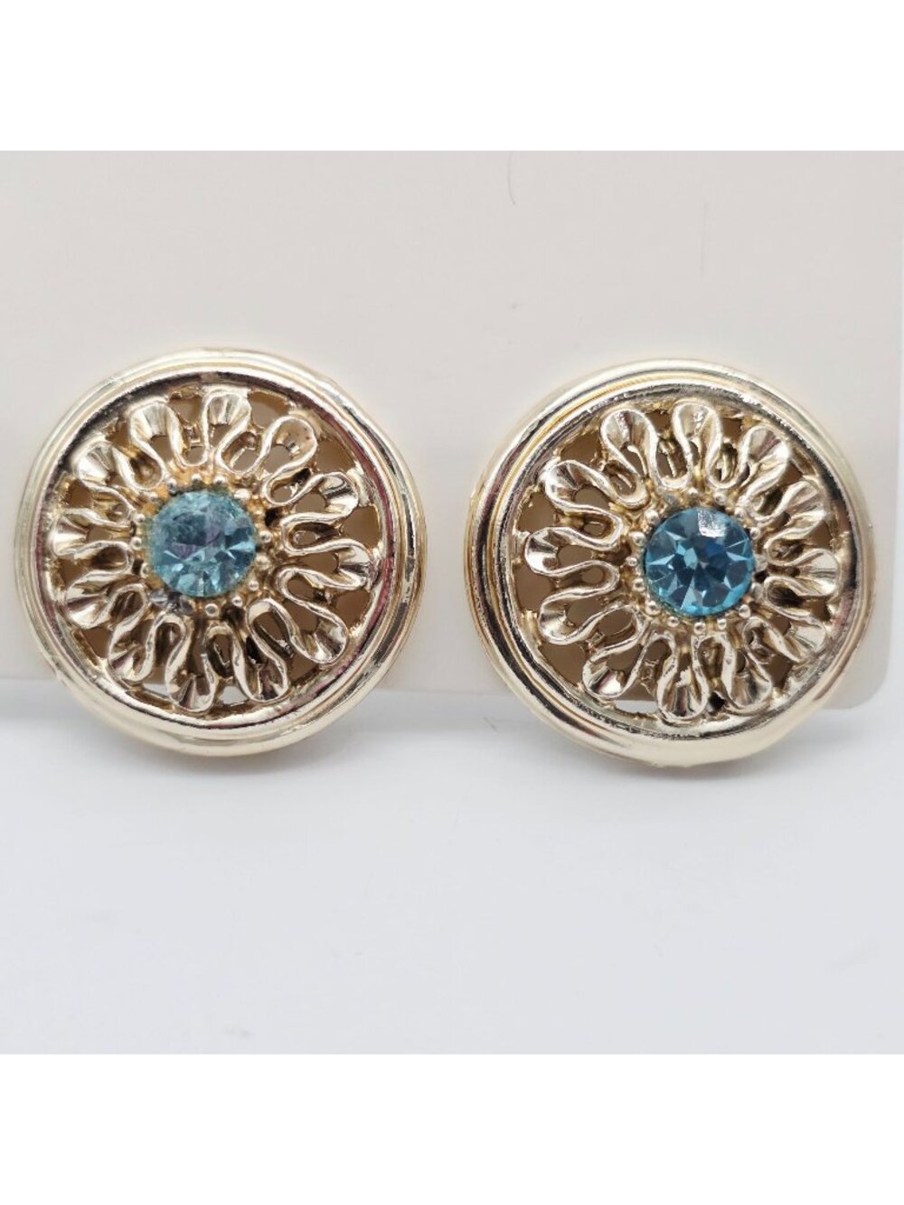 Silver-Tone Screw-Back Earrings With Blue Rhinestone Center Accent Filigree 1"